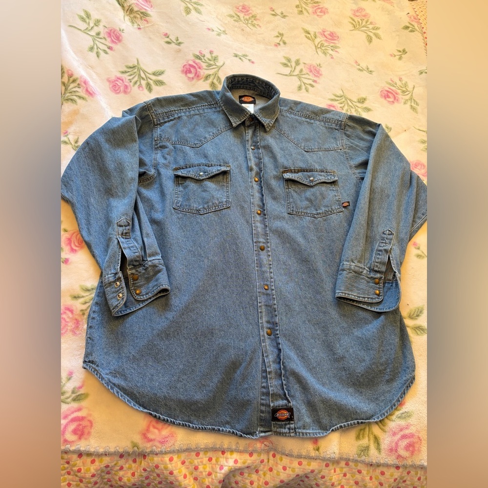 Dickies Classic Blue Denim Work Shirt-Snap Buttons-Size Large